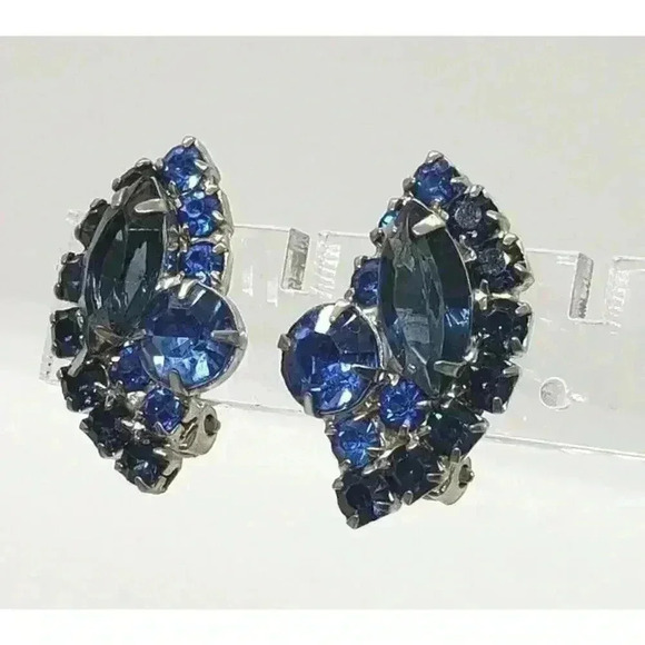 Vintage Earrings Rhinestone big Blue cabochon Prong Set Clip On Open Back - Picture 2 of 5